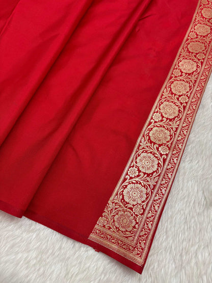Red Satin Silk Banarasi Saree with Golden Zari Floral Bel Jaal