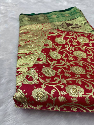 Red Saree with Green Pallu & Swarovski Work