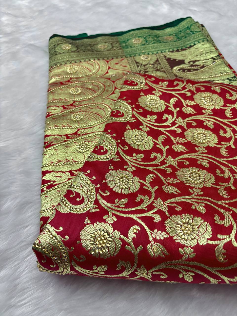 Red Saree with Green Pallu & Swarovski Work