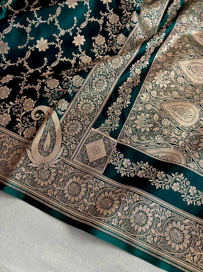Teal Green Silk Banarasi Saree Floral Swarna Latika Jaal