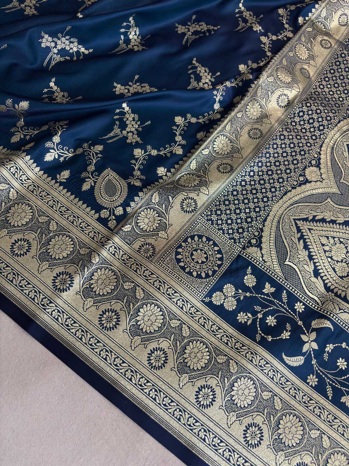 Neavy Blue Soft Kataan Silk Banarasi Saree Light Gold Work