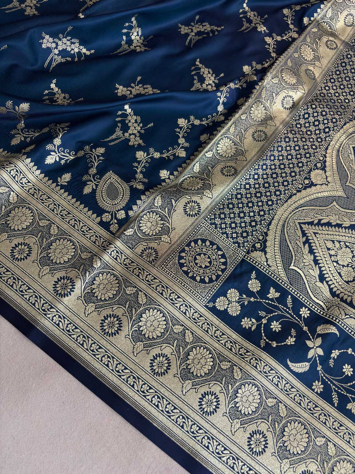 Neavy Blue Soft Kataan Silk Banarasi Saree Light Gold Work