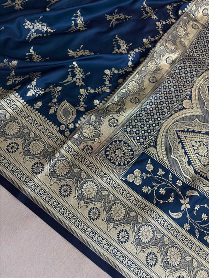 Neavy Blue Soft Kataan Silk Banarasi Saree Light Gold Work