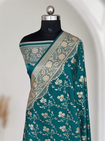 Rama Green Satin Silk Banarasi Saree Floral Jaal
