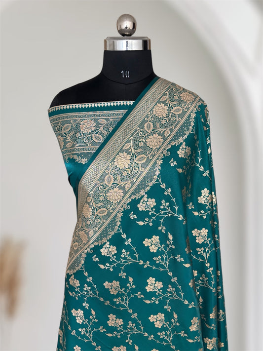Rama Green Satin Silk Banarasi Saree Floral Jaal