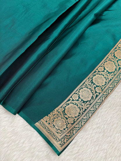 Teal Green Satin Silk Banarasi Saree with Golden Zari Floral Bel Jaal