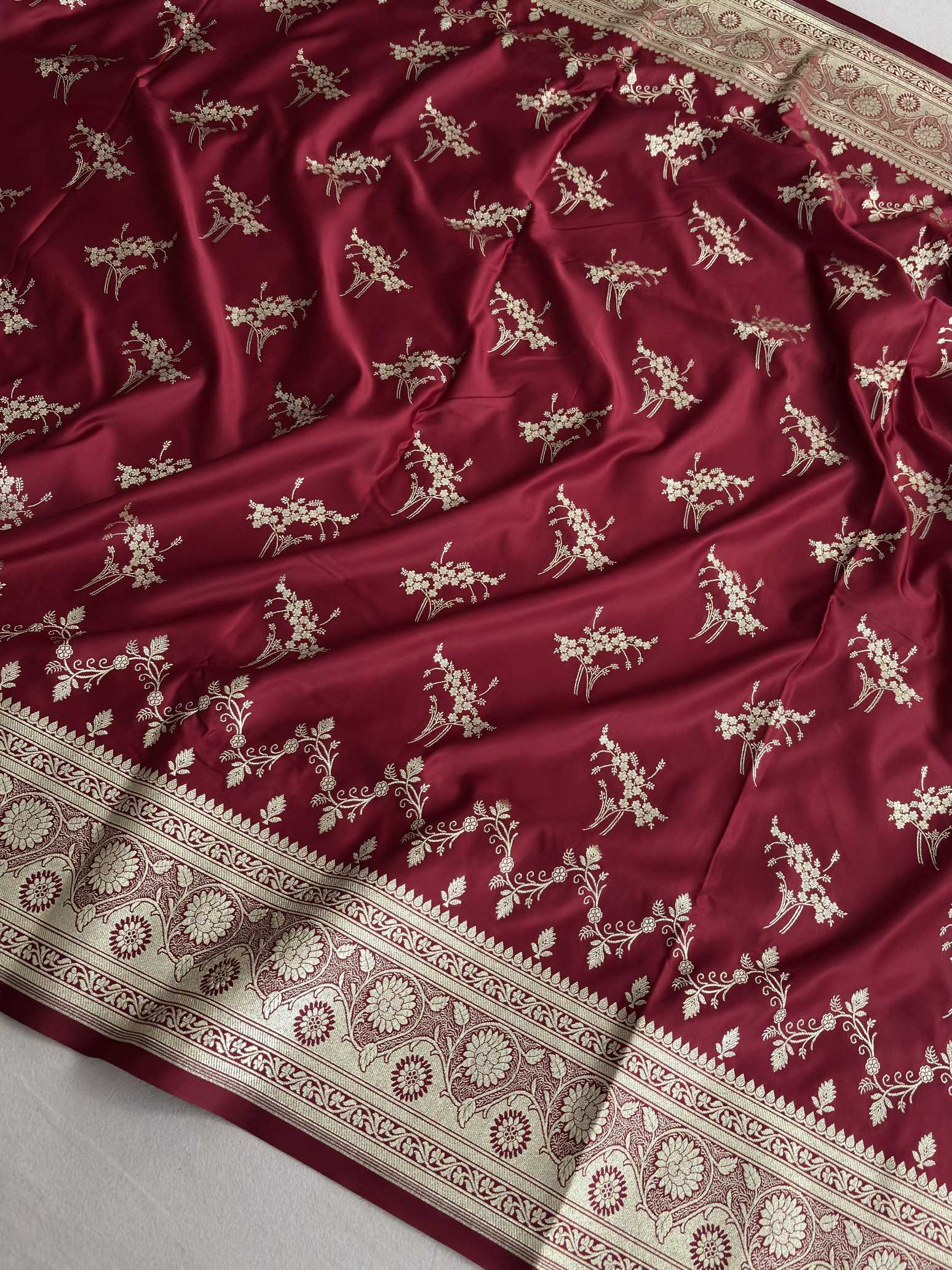 Maroon Soft Kataan Silk Banarasi Saree Light Gold Work