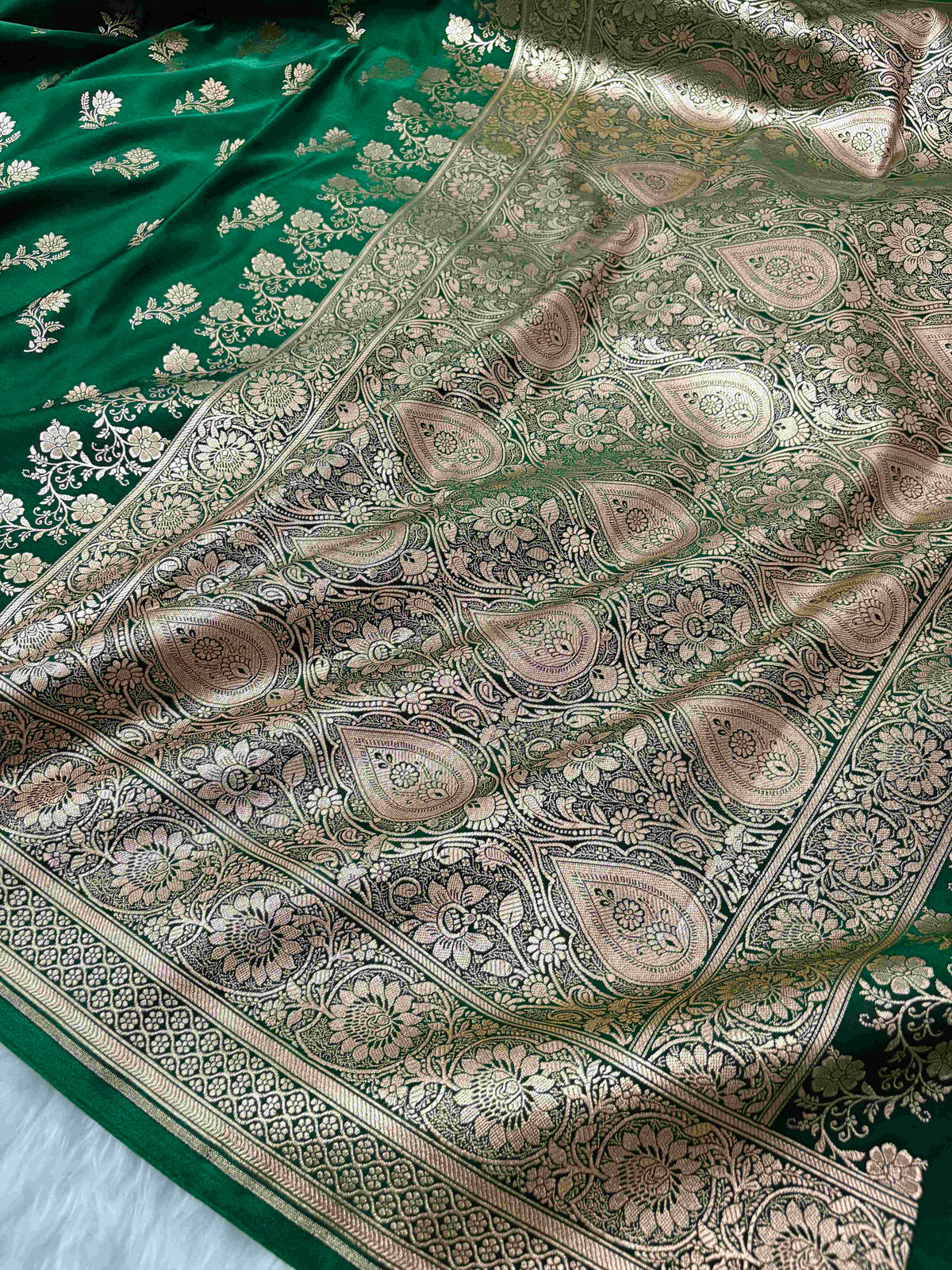 Green with Golden Zari Work and Rose Buti Design Satin Silk Banarasi Saree