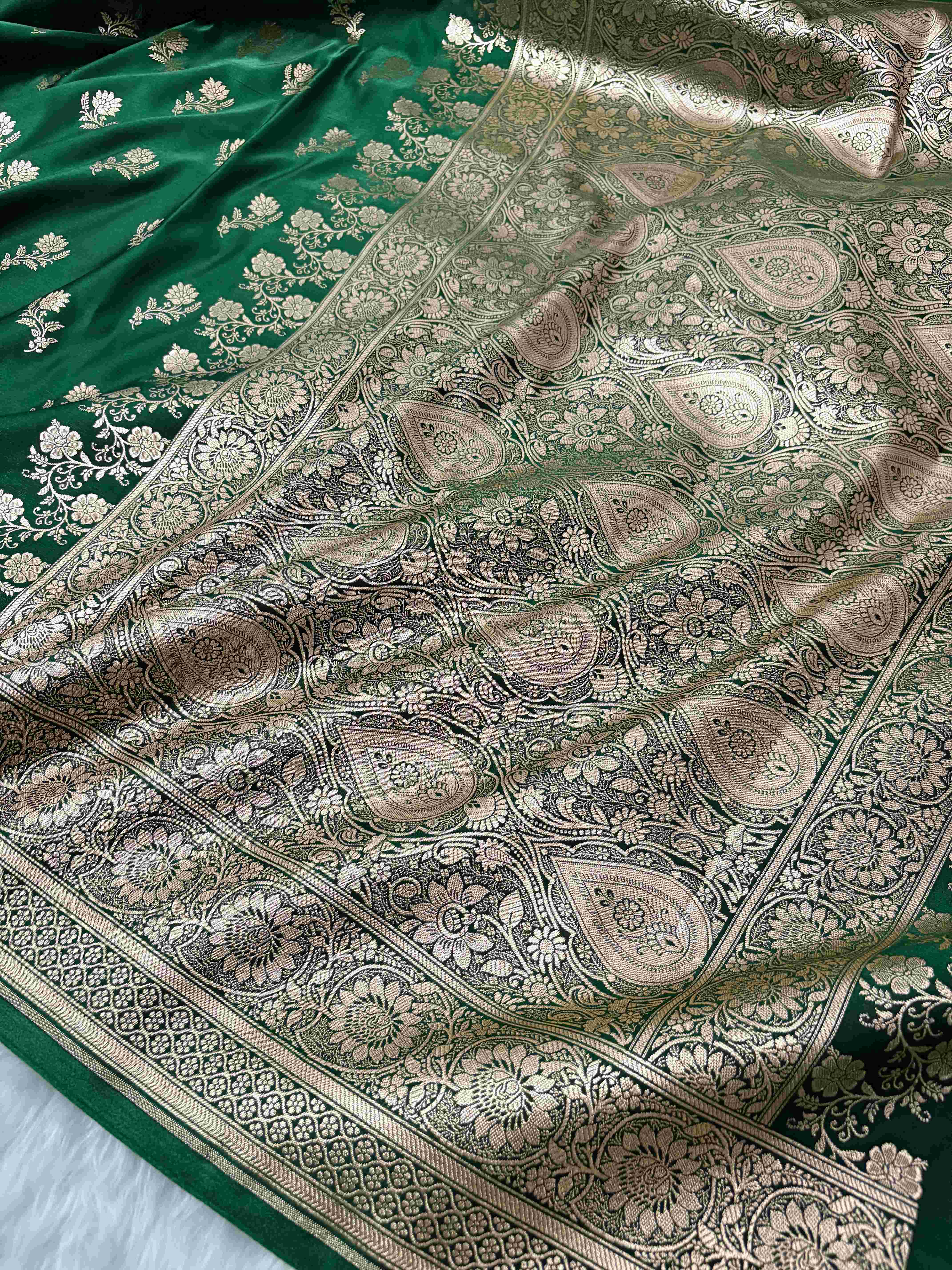 Green with Golden Zari Work and Rose Buti Design Satin Silk Banarasi Saree