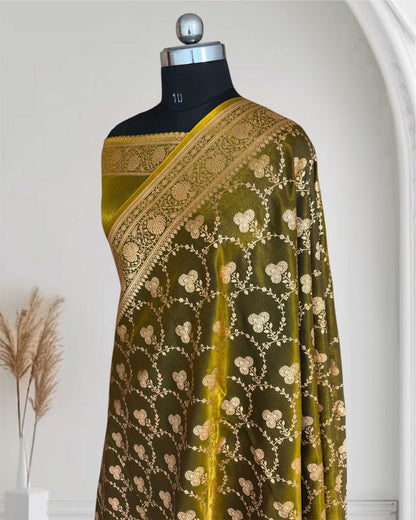 Satin Silk Saree Banarasi Jaal in Mehdi Shades