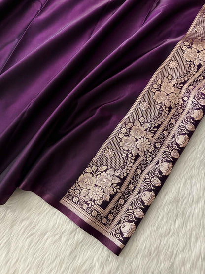 Purple Satin Silk Banarasi Saree – Full Golden Zari Buti Work