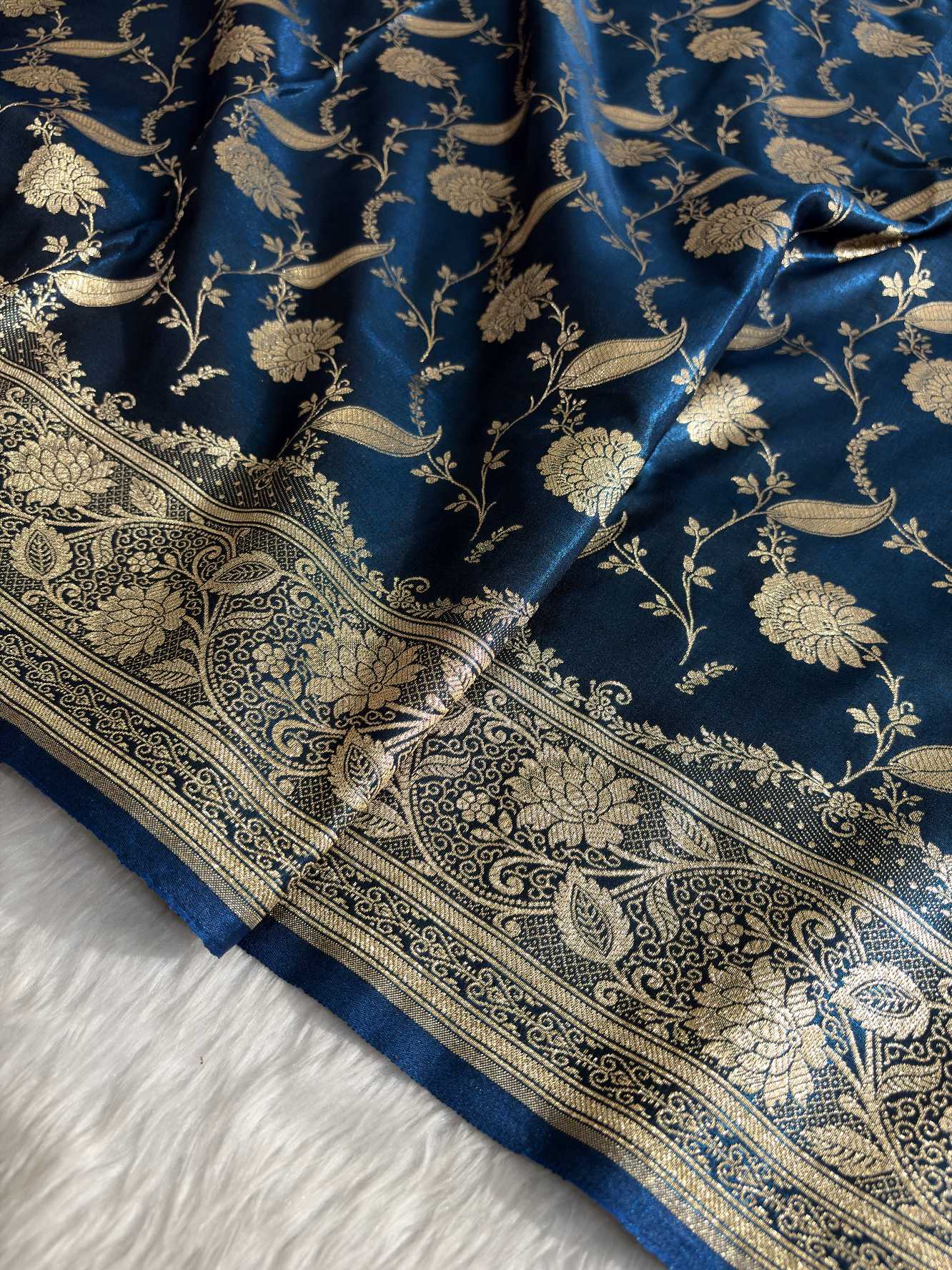 Teal Blue Satin Silk Banarasi Saree with Golden Zari Classic Jaal