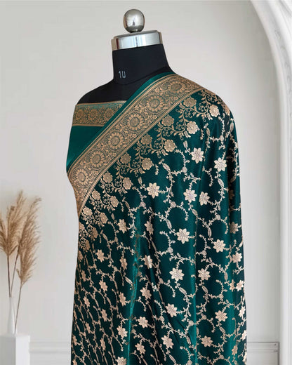 Teal Green Silk Banarasi Saree Floral Swarna Latika Jaal
