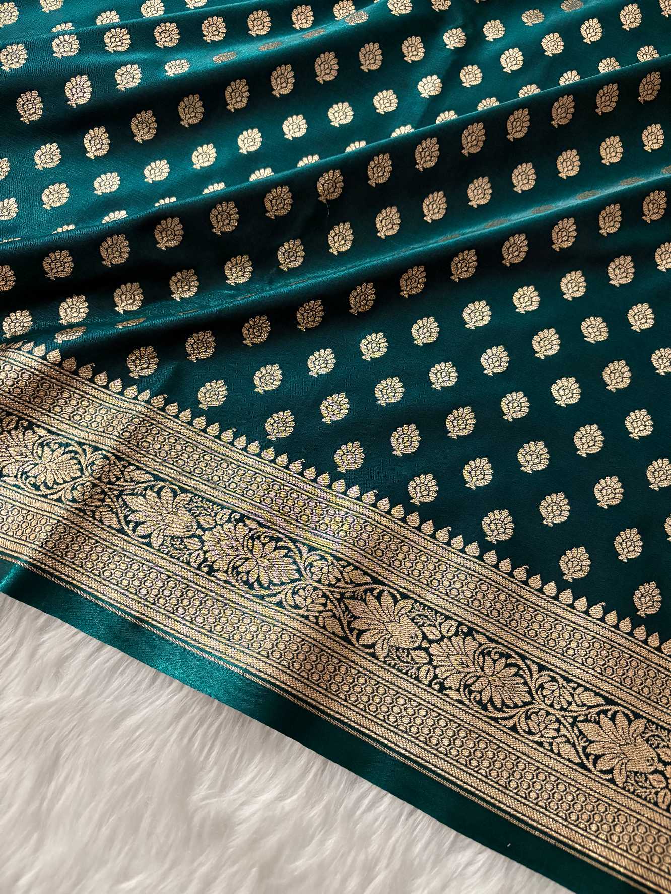 Teal Green Satin Silk Banarasi Motif Saree