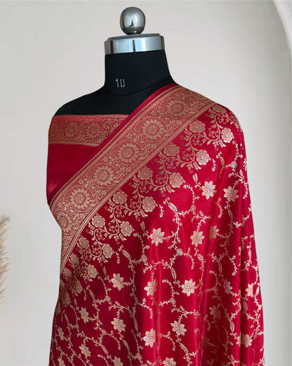 Red Satin Silk Banarasi Saree Floral Swarna Latika Jaal