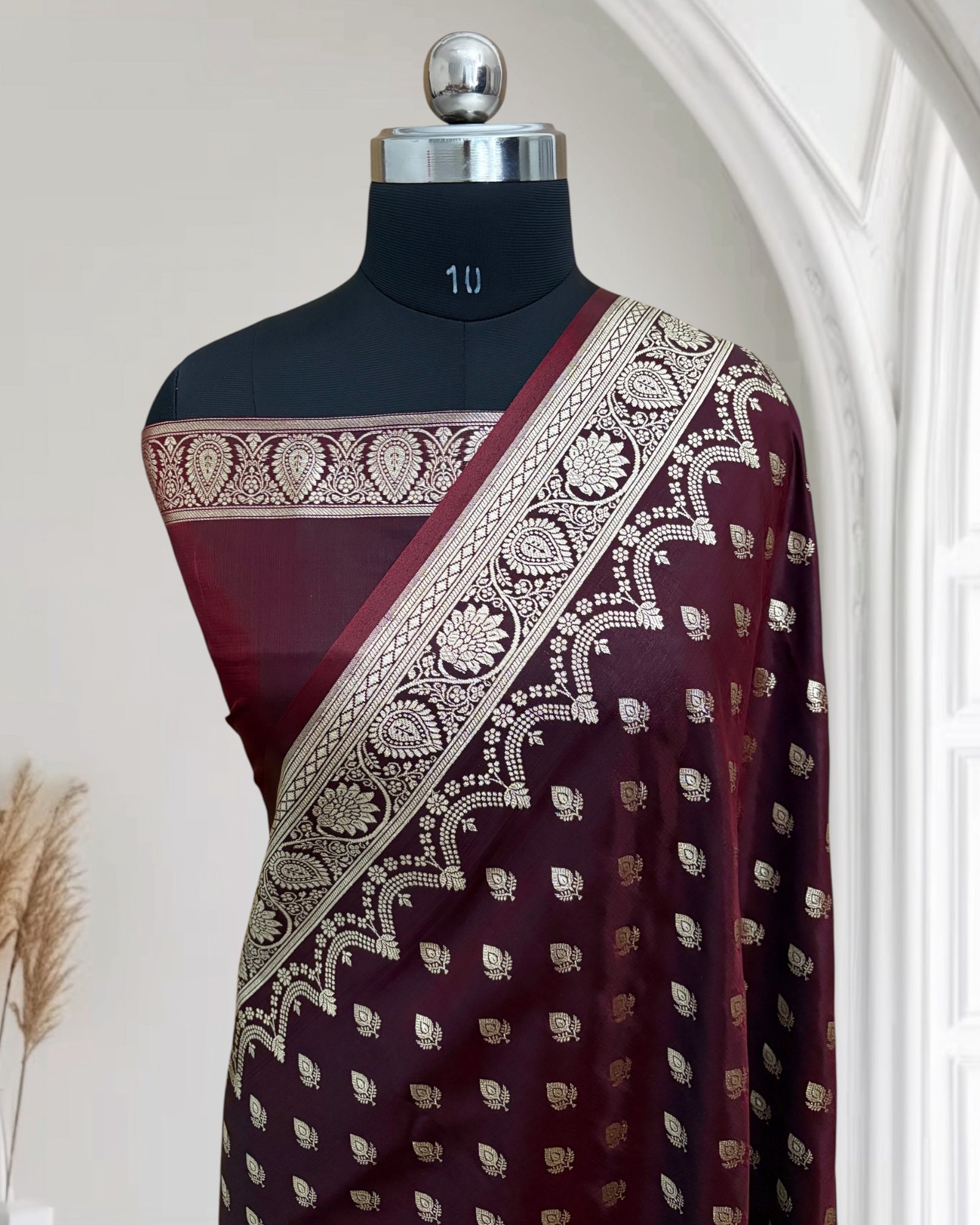 Dark Maroon Satin Silk Banarasi Saree