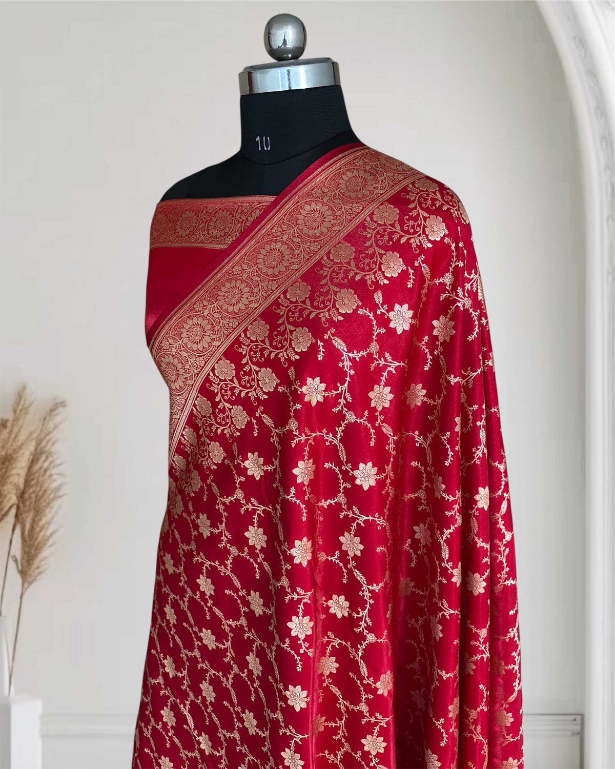 Red Satin Silk Banarasi Saree Floral Swarna Latika Jaal