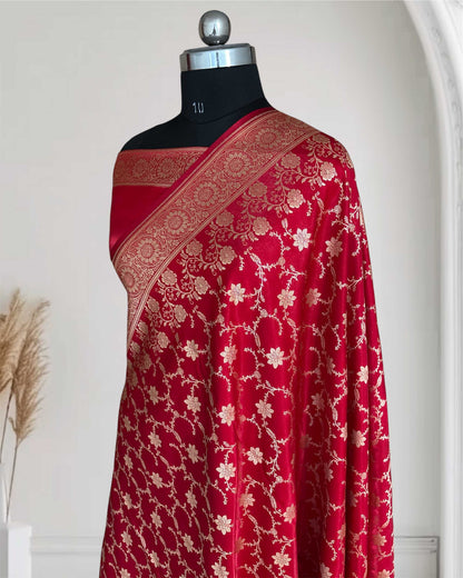Red Satin Silk Banarasi Saree Floral Swarna Latika Jaal