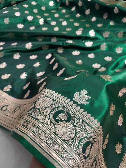 Botel Green Satin Silk Motif Banarasi Saree
