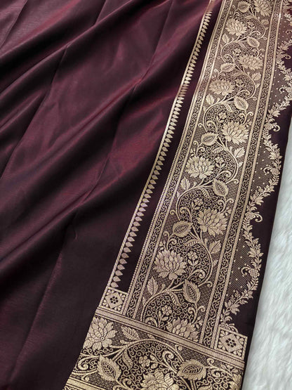 Dark Brown Satin Silk Banarasi Saree Floral Jaal