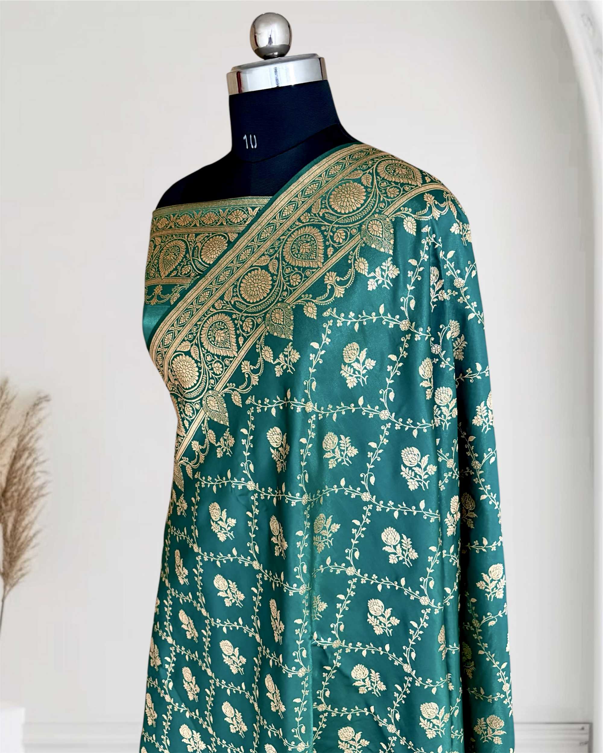 Rama Green Bel Jaal Satin Silk Banarasi Saree