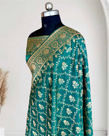 Rama Green Bel Jaal Satin Silk Banarasi Saree