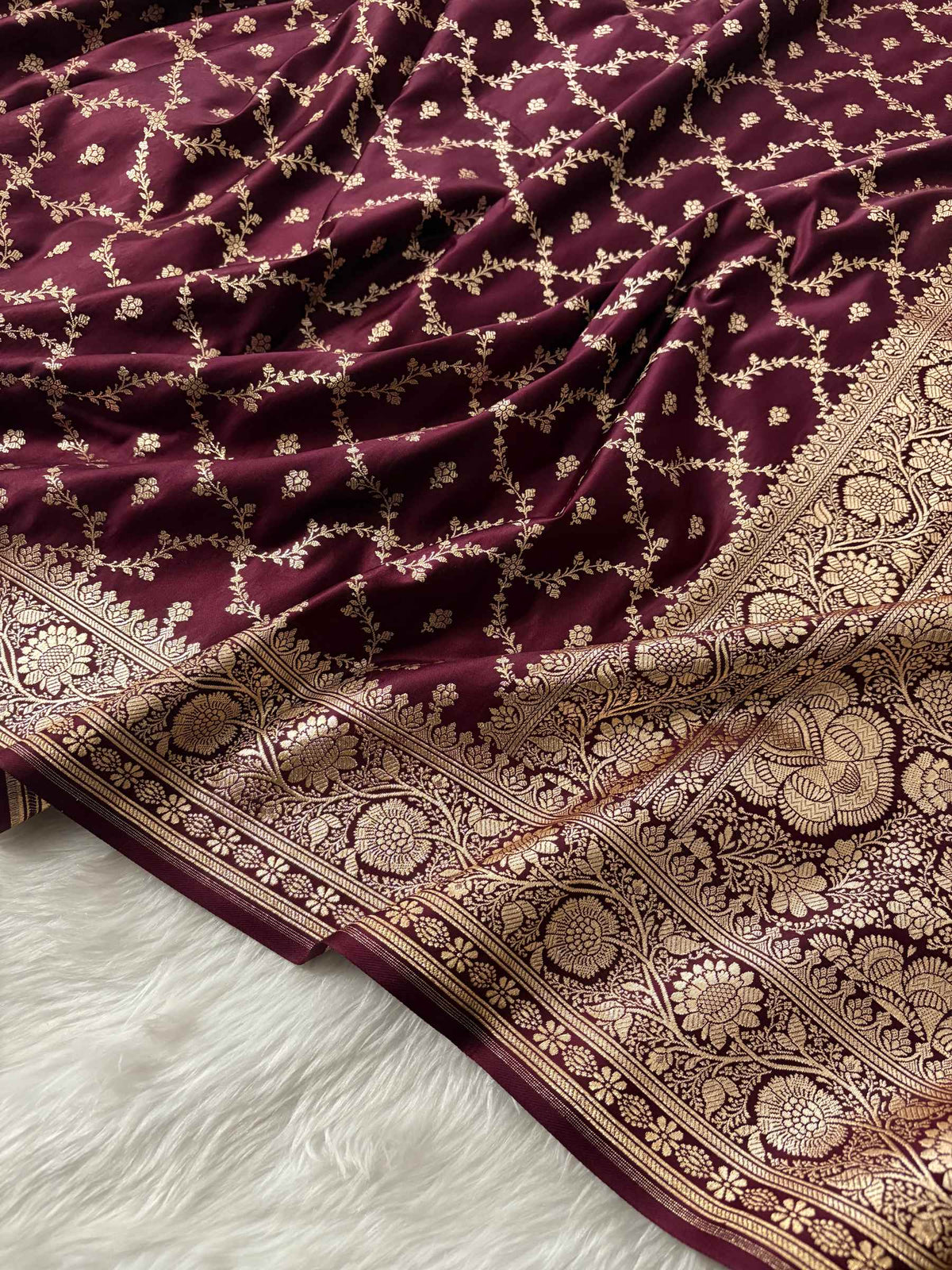 Brown Katan Silk Banarasi Saree Chaukri Jaal
