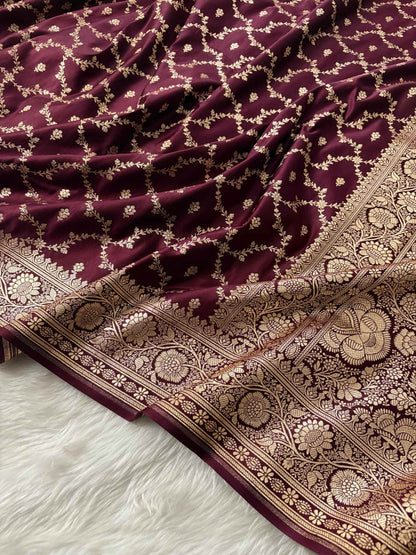 Brown Katan Silk Banarasi Saree Chaukri Jaal