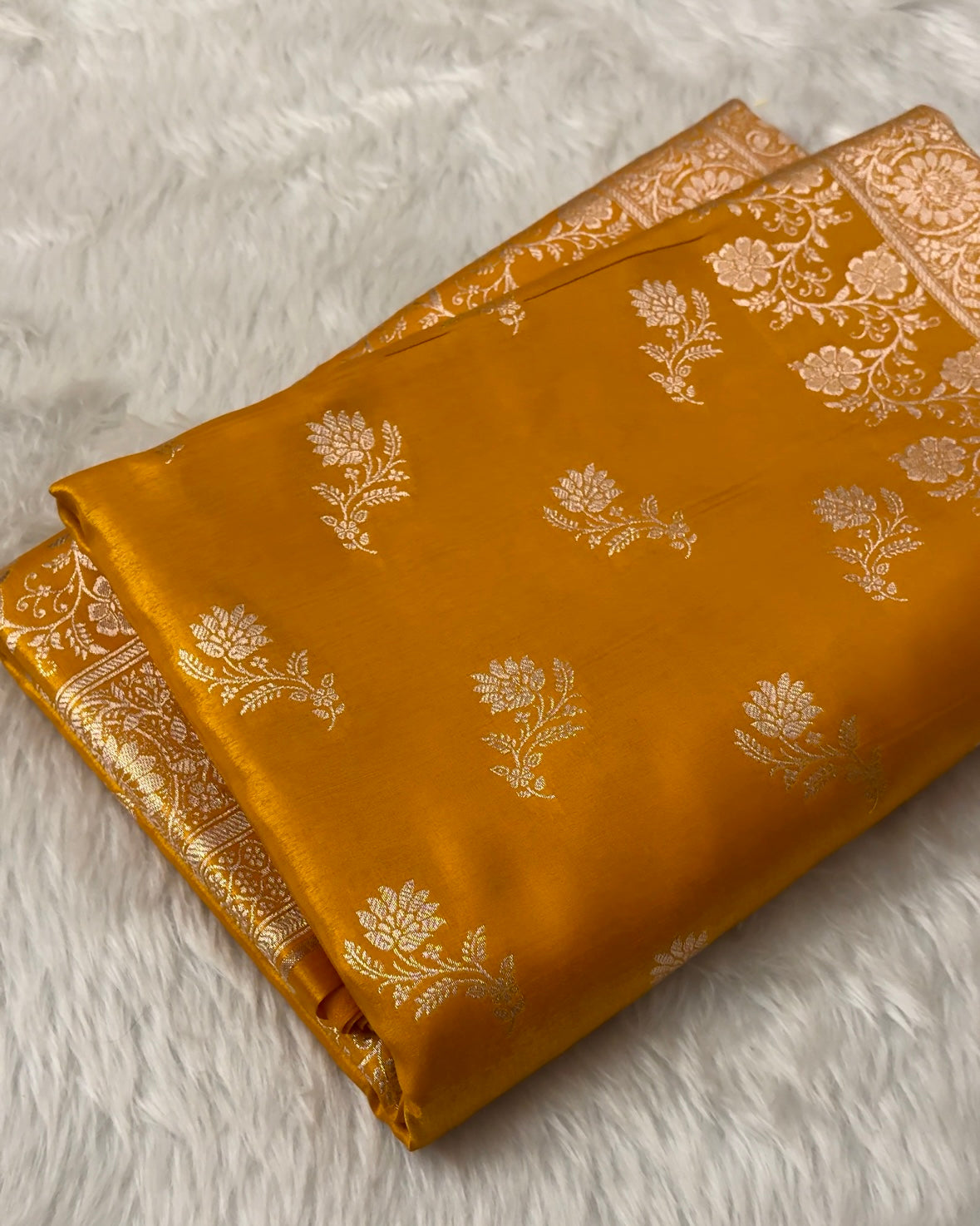 Haldi with Golden Zari Work and Rose Buti Design Satin Silk Banarasi Saree