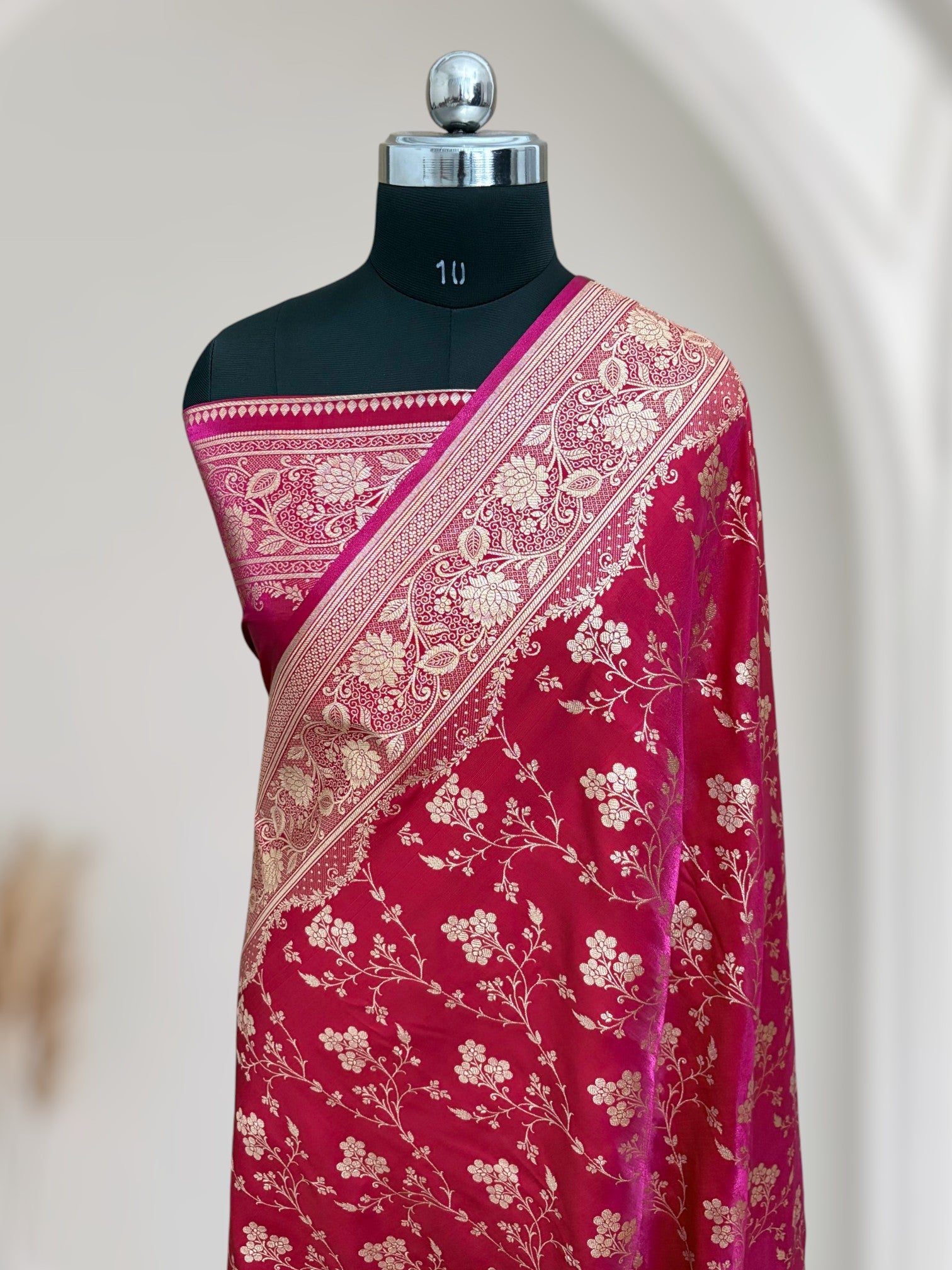 Rani Pink Satin Silk Banarasi Saree with Jaal Pattern