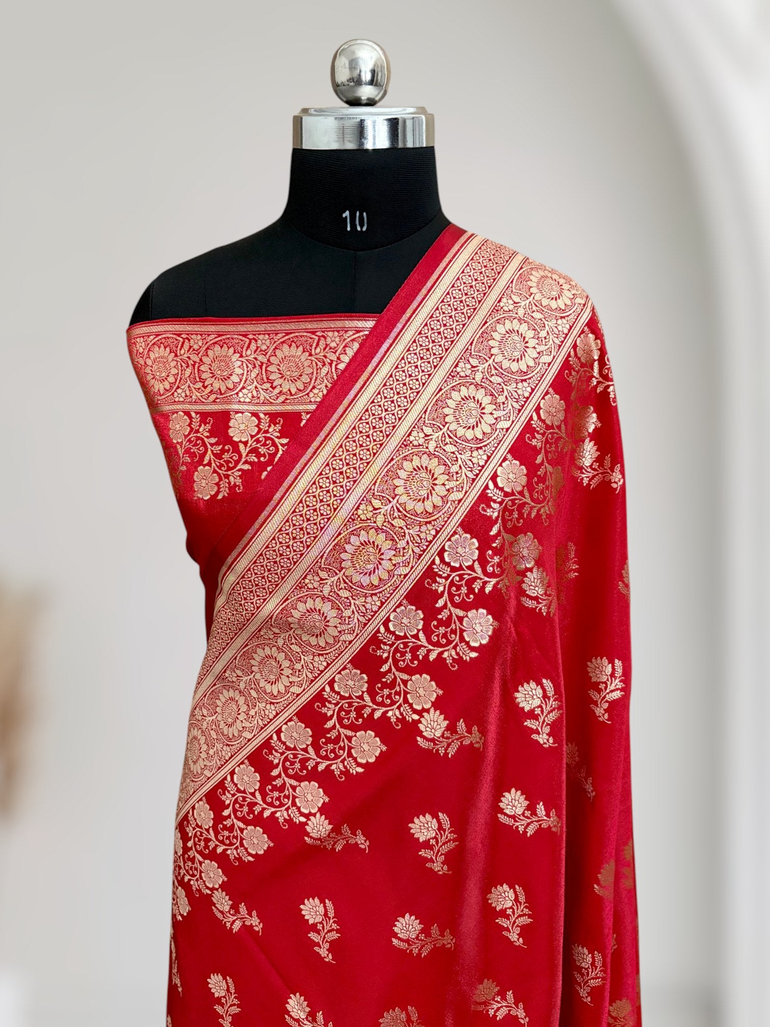 Red with Golden Zari Work and Rose Buti Design Satin Silk Banarasi Saree