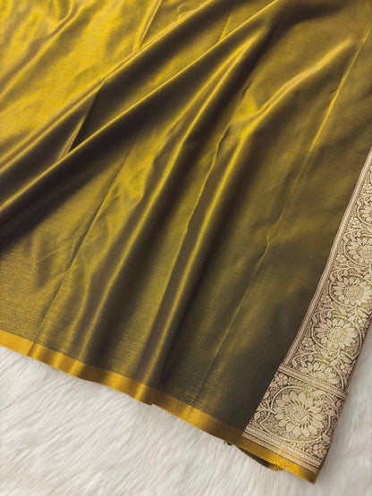 Mehdi Green Satin Silk Banarasi Saree Floral Swarna Latika Jaal