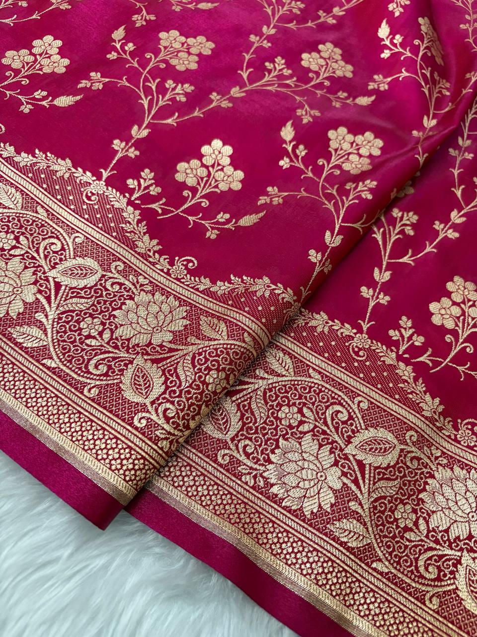 Rani Pink Satin Silk Banarasi Saree with Jaal Pattern