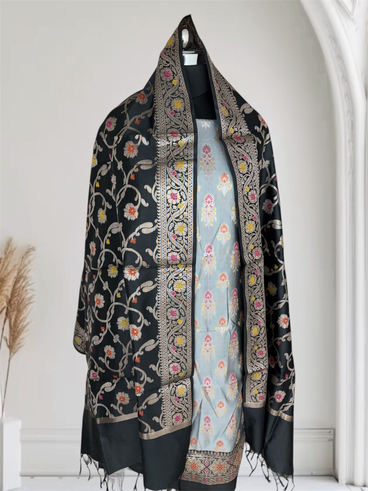 Black and Grey Satin Silk Banarasi Suit