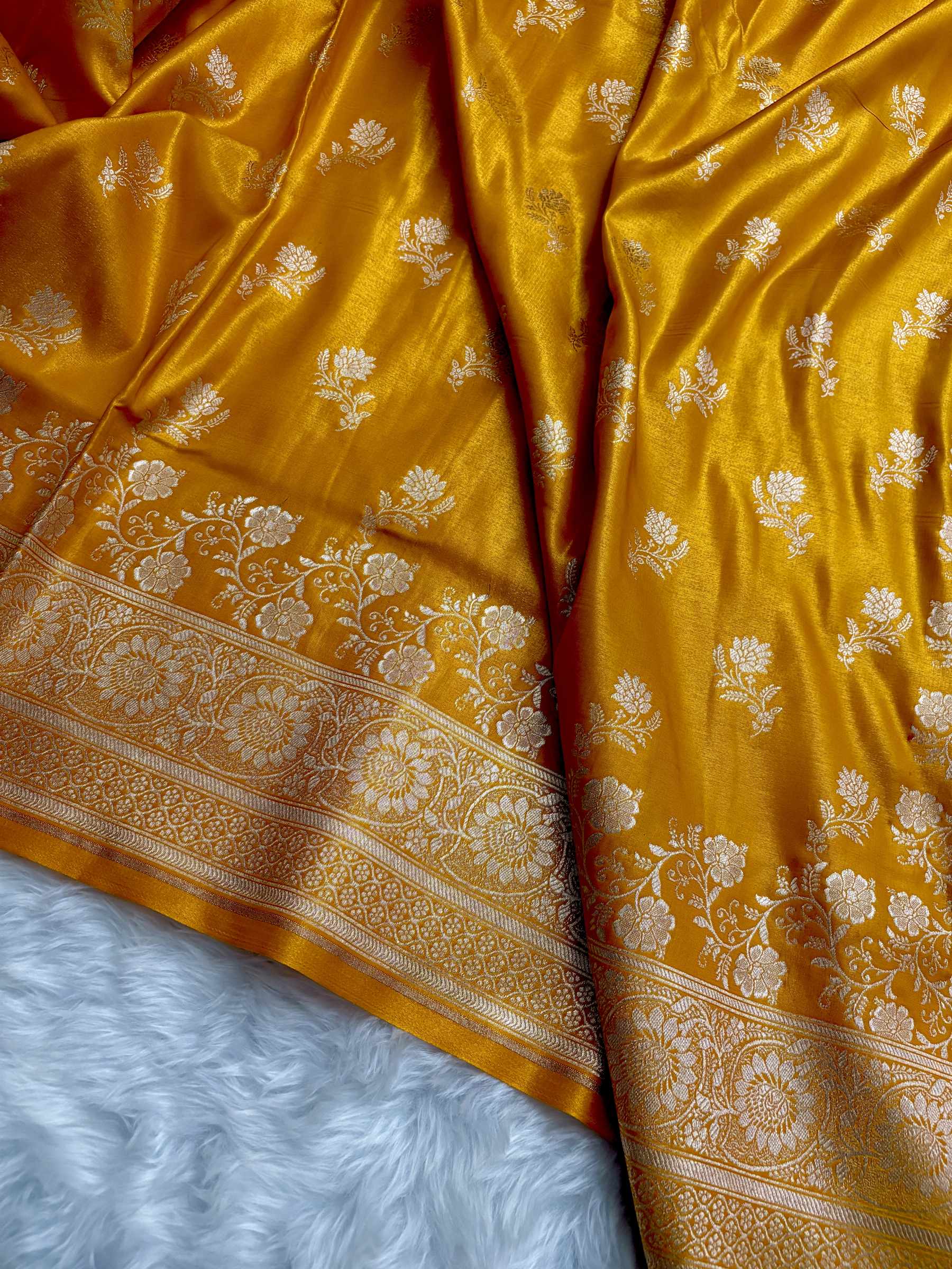 Haldi with Golden Zari Work and Rose Buti Design Satin Silk Banarasi Saree