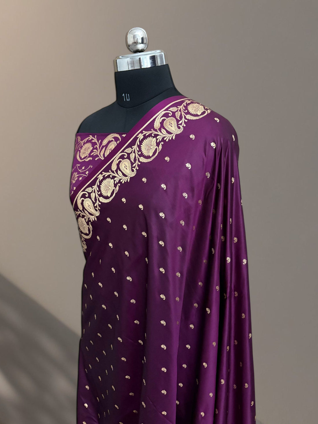 Wine Mashru Silk Banarasi Saree with Golden Zari Work