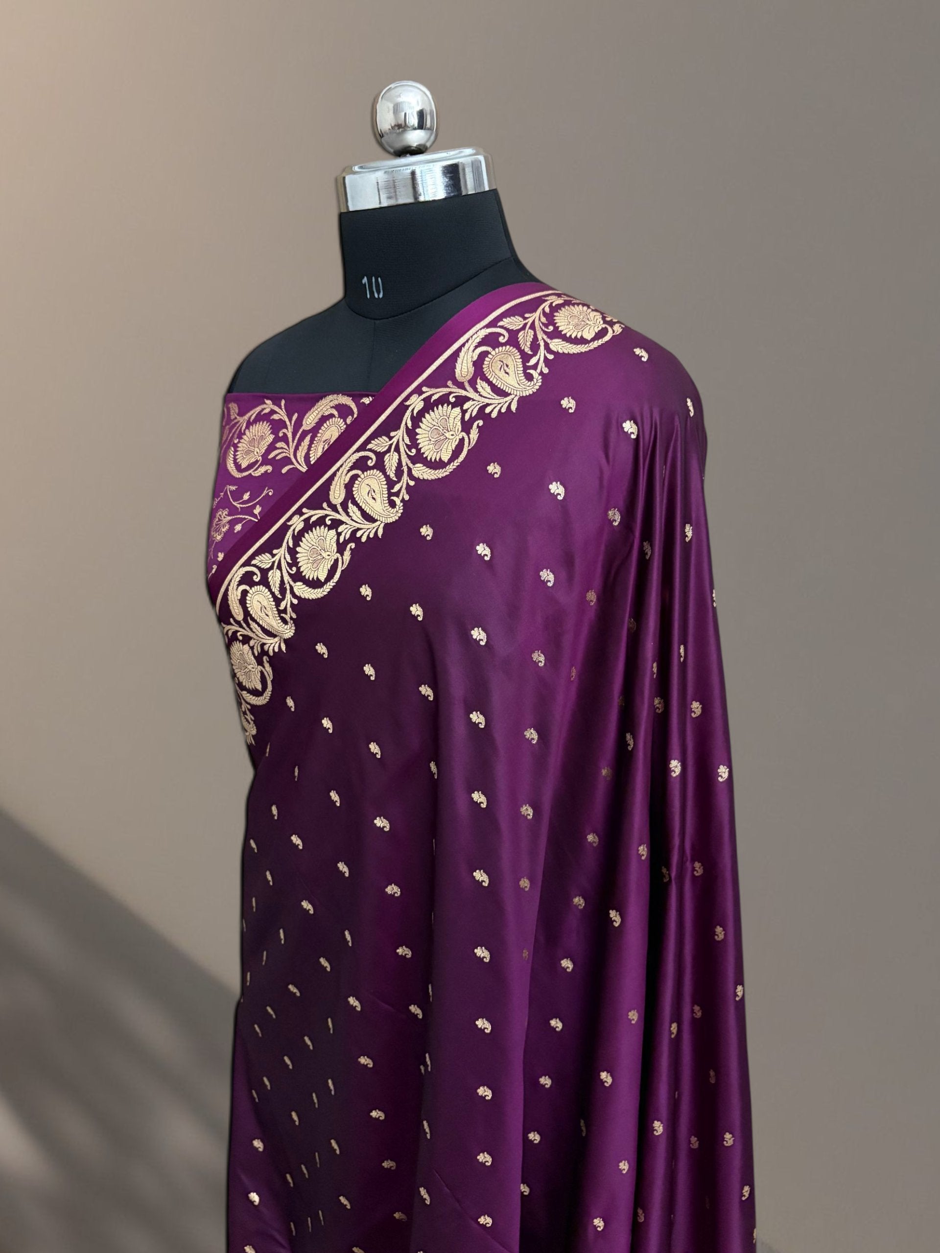 Wine Mashru Silk Banarasi Saree with Golden Zari Work