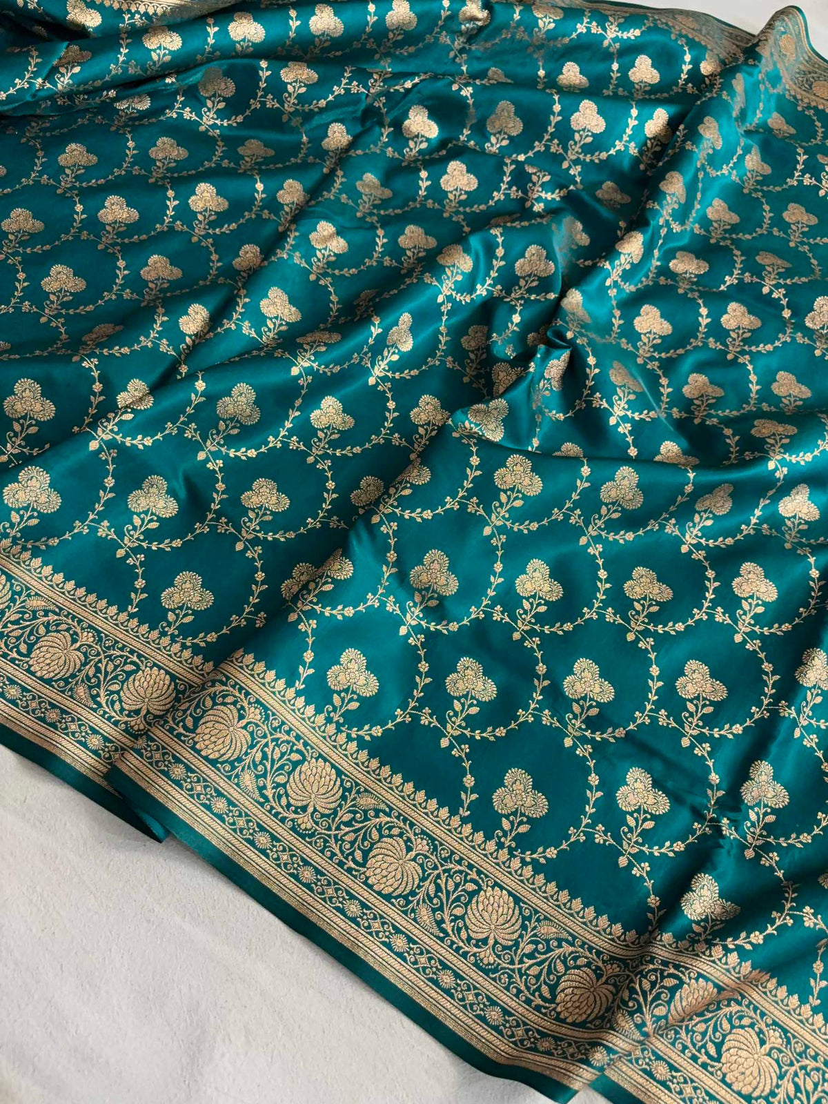 Satin Silk Saree Banarasi Jaal in Rama Green Shades
