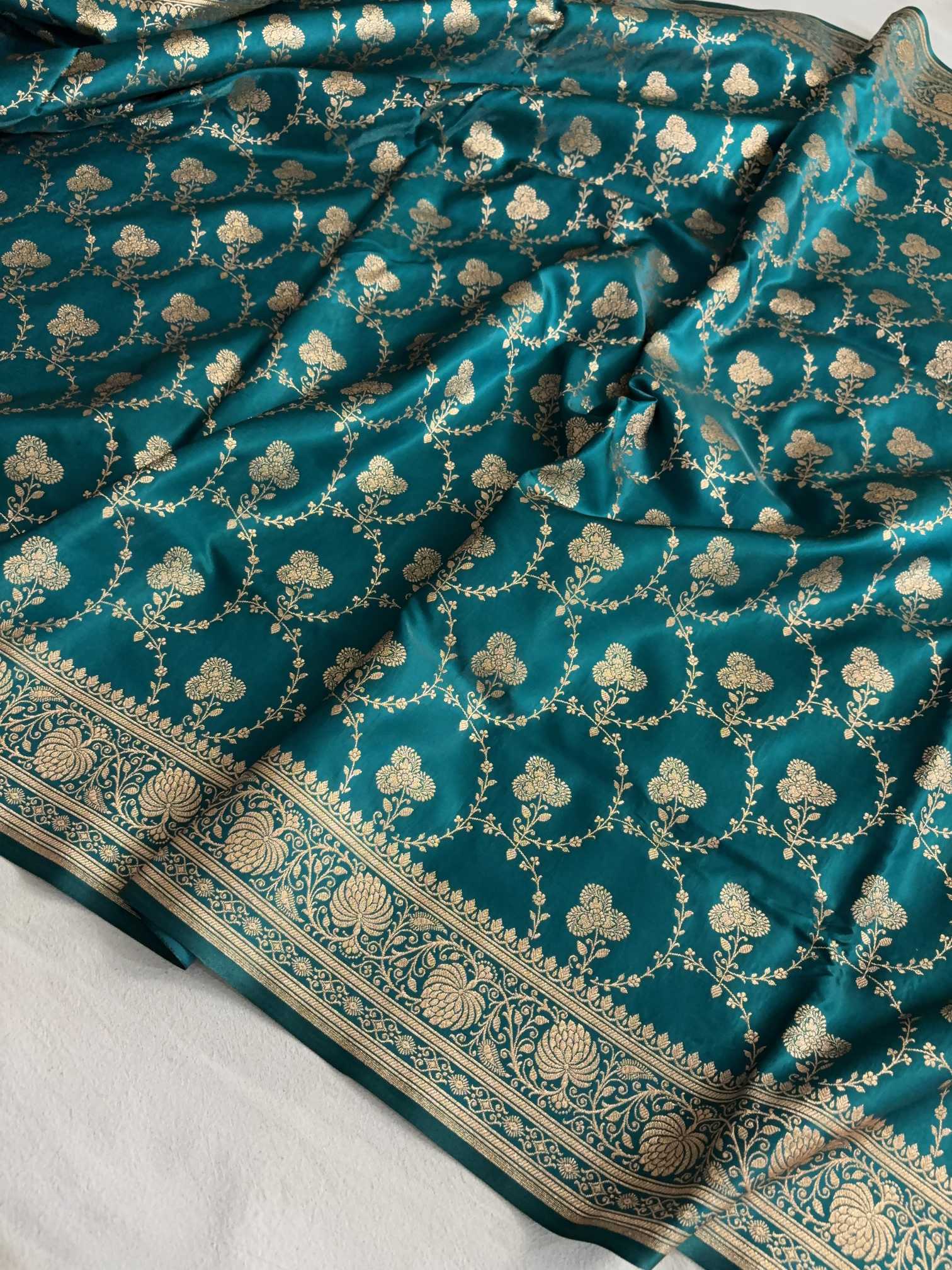 Satin Silk Saree Banarasi Jaal in Rama Green Shades