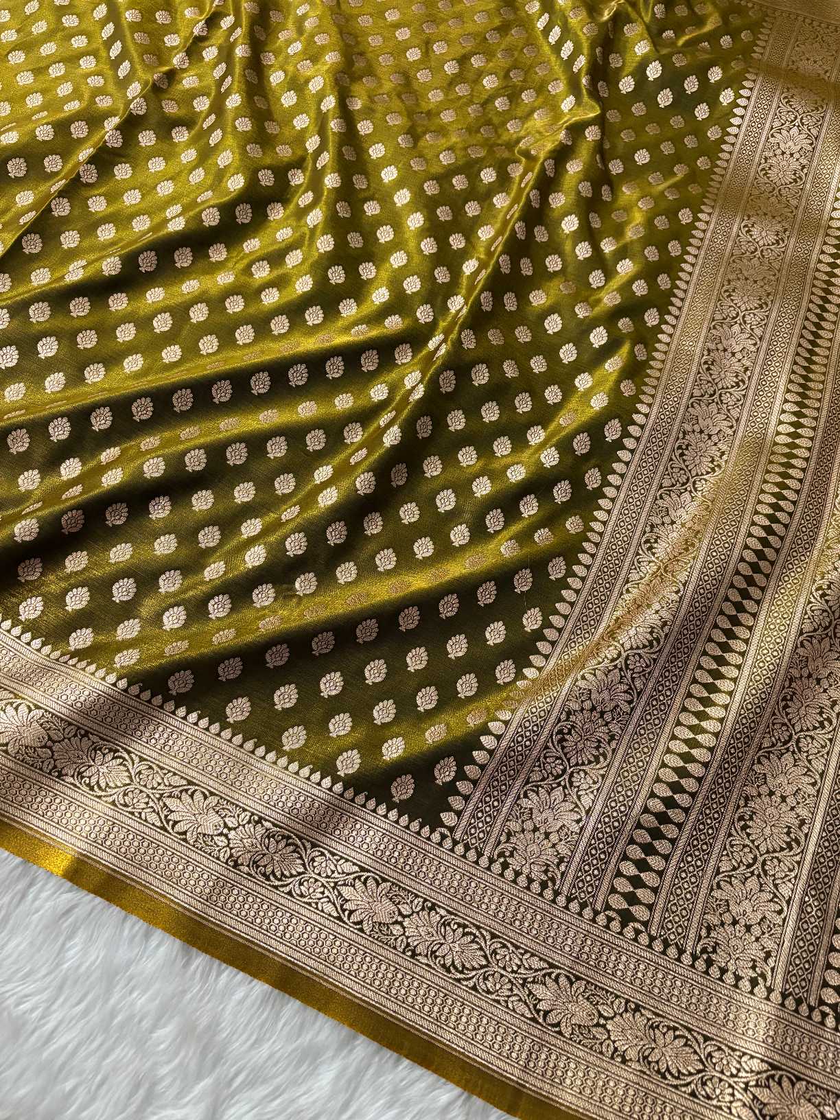 Mehdi Green Satin Silk Banarasi Motif Saree