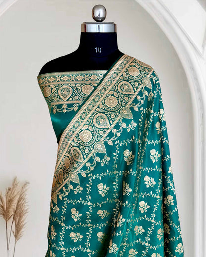 Rama Green Bel Jaal Satin Silk Banarasi Saree
