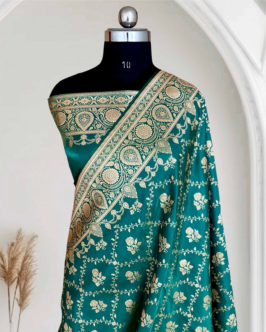 Rama Green Bel Jaal Satin Silk Banarasi Saree
