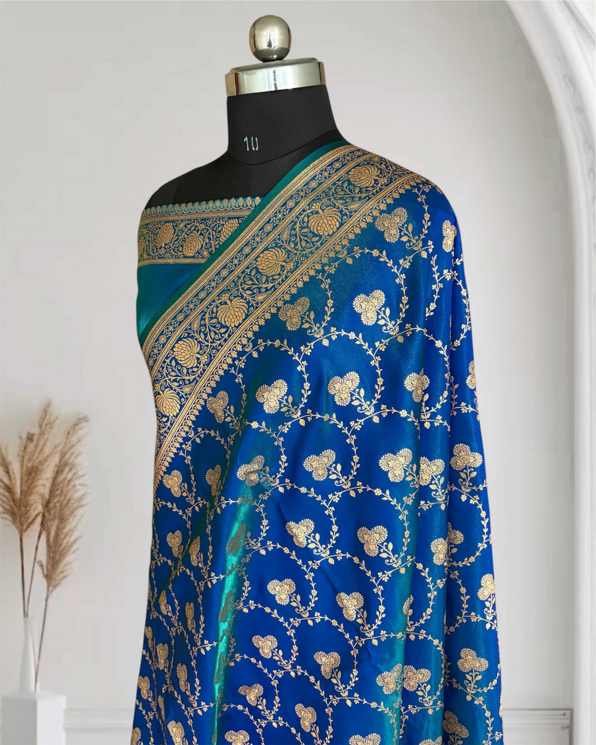 Satin Silk Saree Banarasi Jaal in Peacock blue Shades