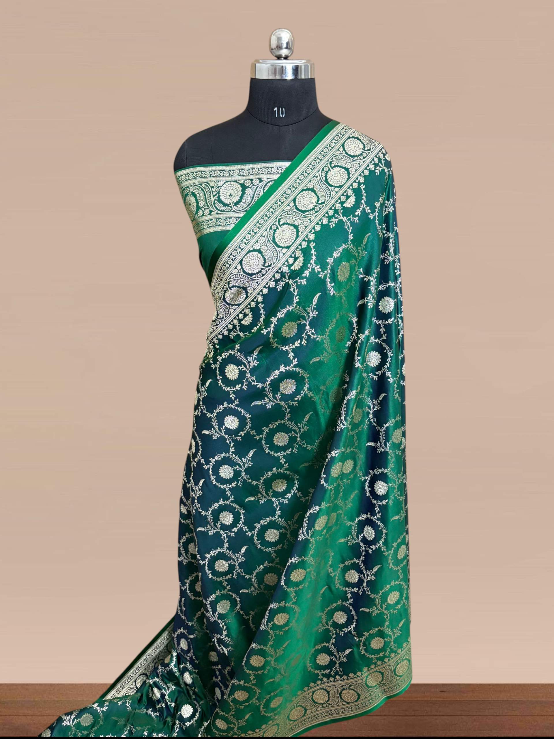 Teal Green Kataan Silk Banarasi Saree – Silver Zari Floral Jaal Pattern