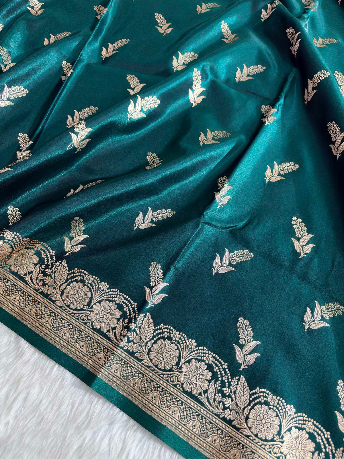 Phanki Motif Teal Green Satin Silk Banarasi Saree with Golden Zari