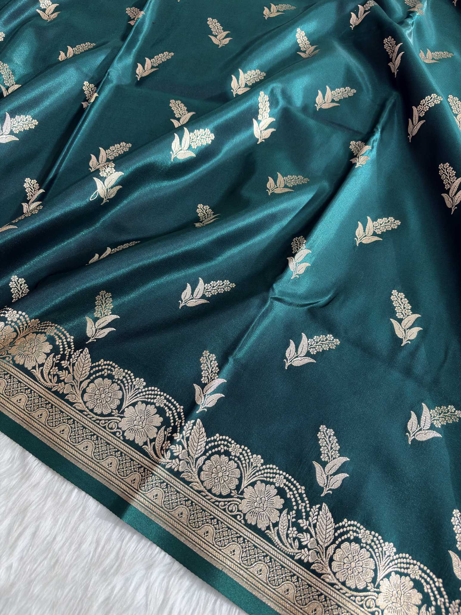 Phanki Motif Teal Green Satin Silk Banarasi Saree with Golden Zari