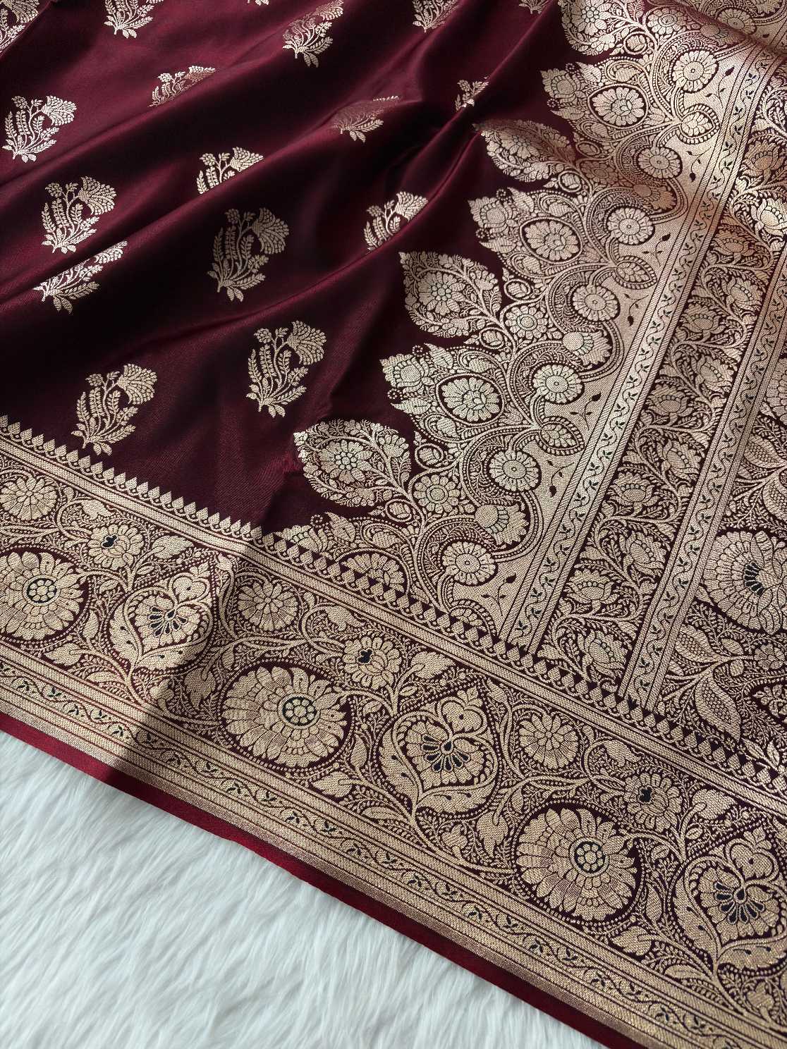 Dark Maroon Satin Silk Banarasi Fancy Motif Saree