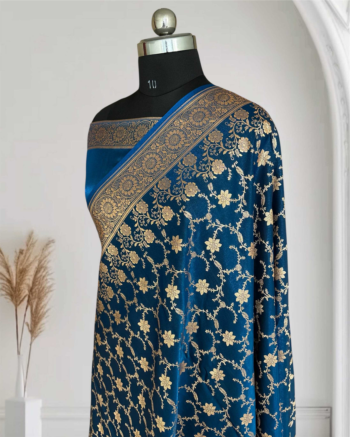 Teal Blue Satin Silk Banarasi Saree Floral Swarna Latika Jaal