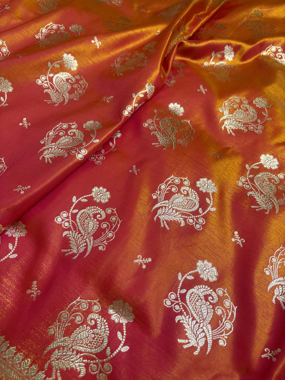 MorPankhi Orange Shaded Satin Silk Banarasi Saree