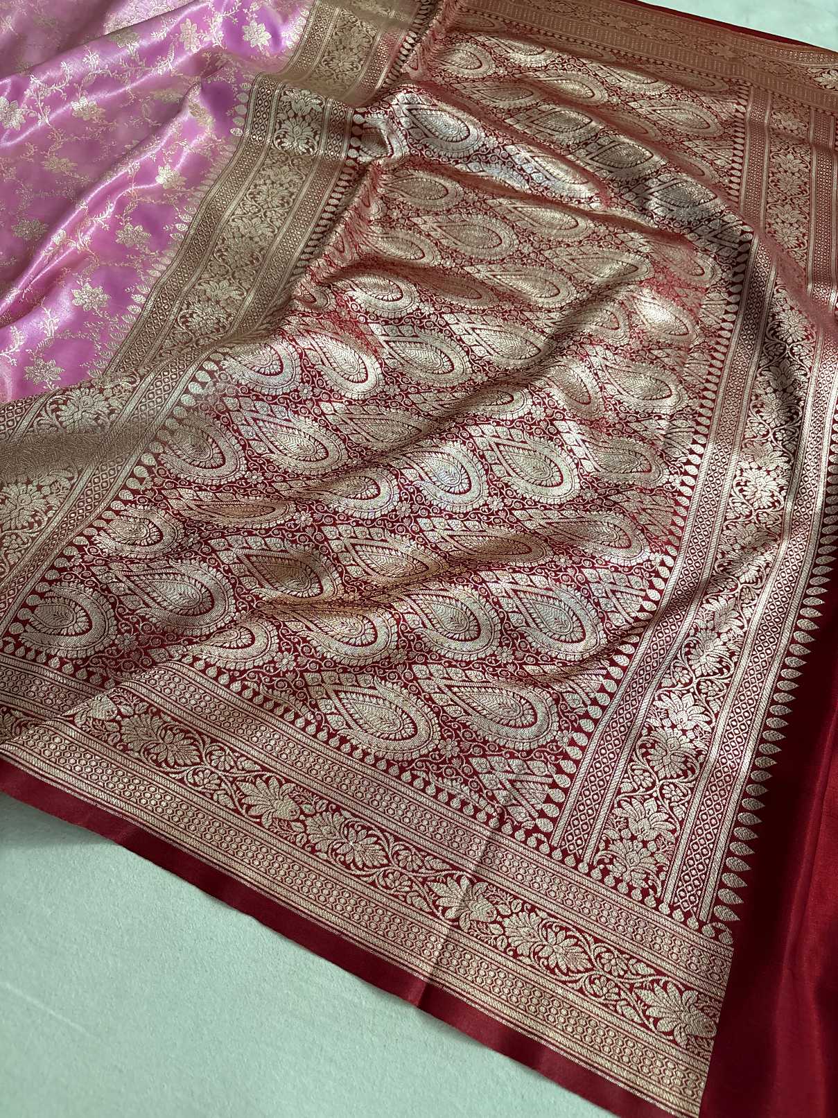 Rani & Maroon Satin Silk Banarasi Saree Jaal Pttern